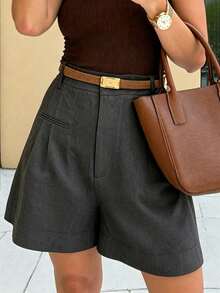 EMERY ROSE Women's Solid Color Pleated Casual Versatile Daily Wear Shorts - Dark Grey - View 3