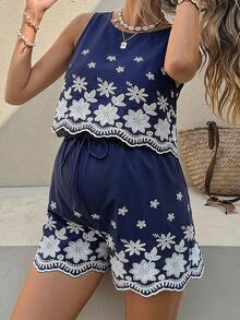 SHEIN Maternity Floral Embroidered Tank Top And Shorts 2 Pieces Set, Summer Navy Blue - Blue - View 1