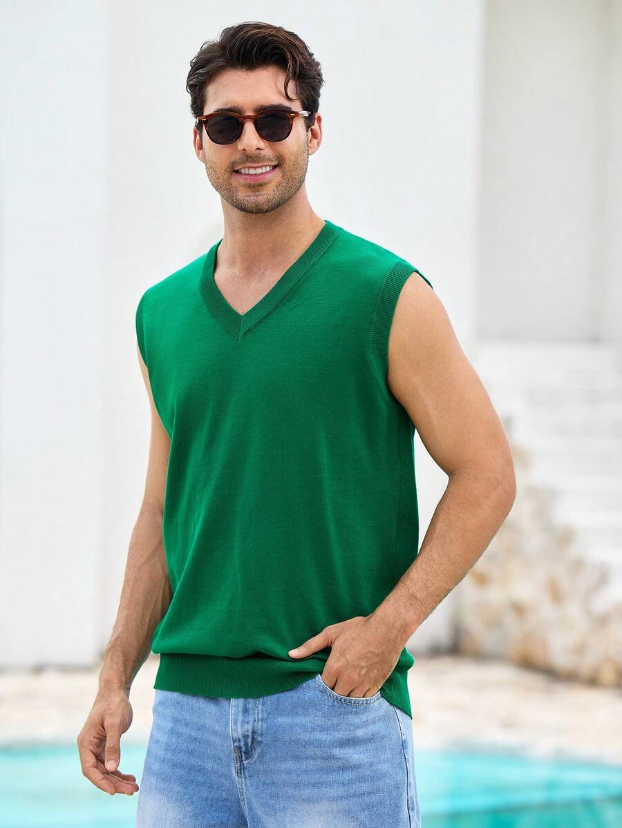 Mercer Haus Chaleco de punto casual y versátil de unicolor para hombres - Verde - Ver 1