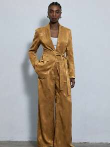 Aveloria Modichic Ensemble de costume pour femme style européen et américain, nouvelle mode automne/hiver, polyvalent, en satin jacquard avec lacets, élégant, tissu spécial - Jaune moutarde - Voir 1