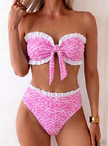 Swim Mod Spring/Summer Beach Vacation Casual Striped Print Set, Neckline Under-Bust Ruched Ruffle Trim, Pants Waistband Ruffle Trim, 2 Pieces Outfit - Pink - View 1