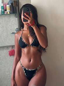 SHEIN Swim 女款豹紋拼接性感掛脖綁帶比基尼兩件式泳衣套裝 - 黑色 - 查看 7