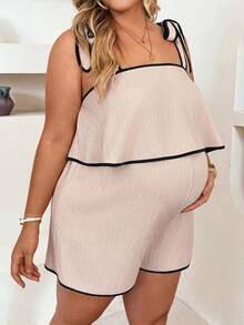 Plussiva Mono corto de tirantes para maternidad talla grande con ribete de bloques de color - Caqui - Ver 7