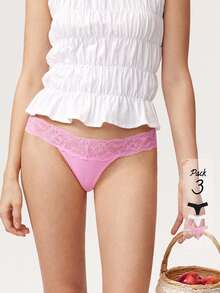 Elorette 3pcs/Set Seamless Solid Color Lace Patchwork Fashion Thong Panties - Multicolor - View 3