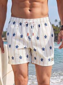 CoralVoy Men's Turtle Stripe Drawstring Waist Pocket Beach Shorts - Beige - View 4