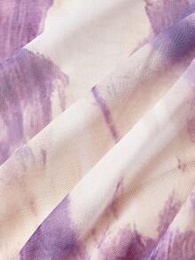 SHEIN MOD 女款紮染印花百褶拼接荷葉邊優雅細肩帶中長洋裝 - 紫色 - 查看 6