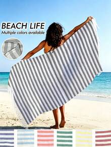 Cirelle 1pc Turkish Polyester Beach Towel - Oversized Striped Sand Free Beach Towel With Fringes, Quick Dry Lightweight Bath Towel Travel Blanket For Pool, Gym, Camping (100*180cm) - Multicolor - View 5