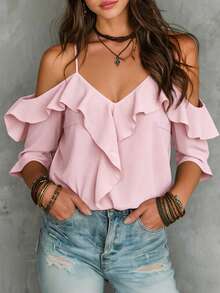 LUMIGAL Women's Solid Color Ruffle Trim Off-Shoulder Short Sleeve Blouse - Pink - View 3