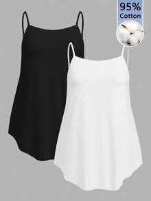 SHEIN EZwear 2 piezas/Set Top de tirantes básico de verano de talla grande unicolor - Blanco y Negro - Ver 1