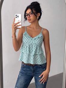 Modelyn 輕量多層圓點細肩帶吊帶上衣，女款V領荷葉邊上衣，適合海灘度假 - 薄荷綠 - 查看 7
