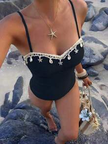 Bonvoyette Traje de baño de una pieza nuevo para mujer primavera/verano, tela texturizada con rayas de ondas azules con diseño de estrella de mar y conchas trenzadas, traje de baño de una pieza adecuado para playa, arena, natación, piscina, vacaciones - Negro - Ver 2