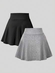 SHEIN Girls' 2 Packs Anti-Chafe Skort Set, High-Waisted A-Line Skirt With Built-In Shorts, For School - Multicolor - View 2