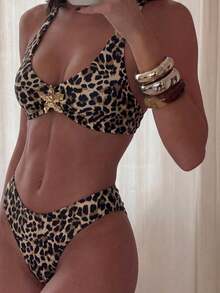 Fembélia Set Baju Renang Tankini Wanita Model Terbaru Motif Leopard dengan Tali Tebal dan Dekorasi Logam di Bagian Belakang. - MultiWarna - View 1