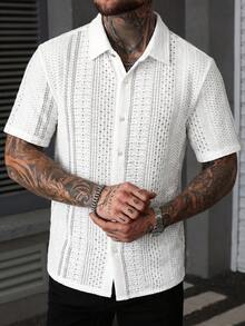 Manfinity CasualCool Kemeja Lengan Pendek Jacquard Bertekstur Pria, Atasan Lengan Pendek Bertekstur Putih, Atasan Kasual untuk Perjalanan Sehari-hari, Acara - Putih - View 5