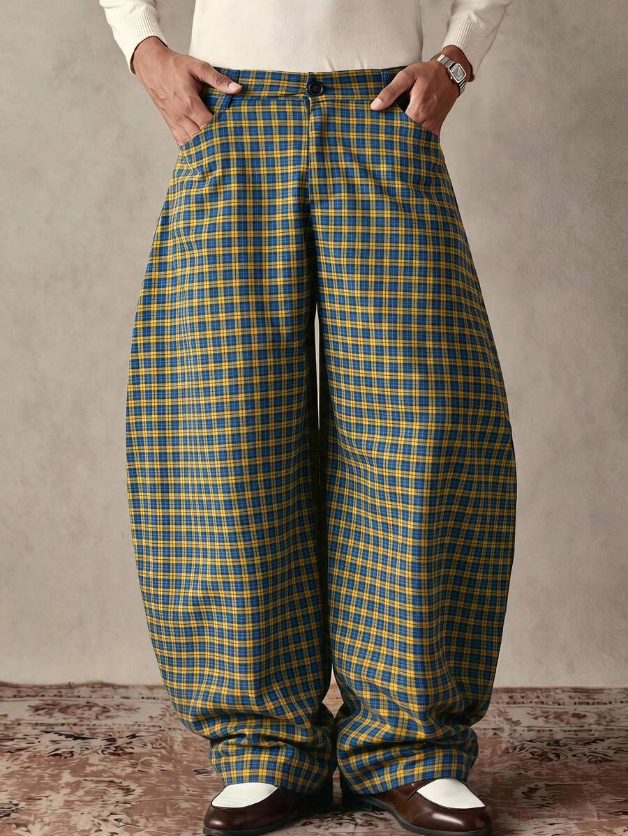 SWAVVY Men's Plaid Casual Versatile Everyday Travel Long Pants - Yellow - View 1