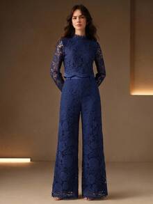 Anewsta 春夏鏤空蕾絲面料低飽和粉色雙層寬鬆直筒優雅長褲女款 - 藏蓝色 - 查看 6