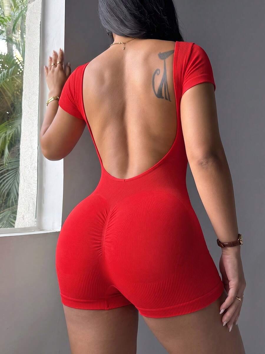 Rhythm Era Women's Plus Size Solid Color Backless Athletic Romper - Red - View 1
