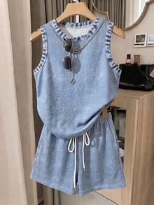 Resyla Conjunto de 2 piezas para mujer, nuevo y de gran en primavera/verano, con estampado de imitación de denim, corte ajustado y versátil - Multicolor - Ver 3