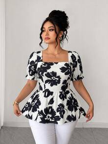 Elenzga Blusa elegante casual versátil para mujer talla grande, manga abullonada, cuello cuadrado, cintura ceñida, para vacaciones y salidas, nueva primavera/verano - Multicolor - Ver 1