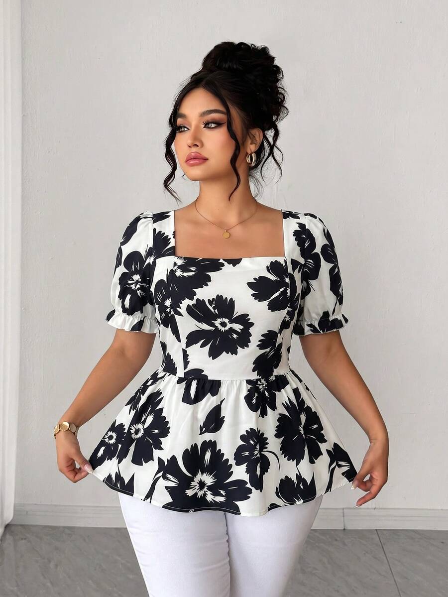 Elenzga Blusa elegante casual versátil para mujer talla grande, manga abullonada, cuello cuadrado, cintura ceñida, para vacaciones y salidas, nueva primavera/verano - Multicolor - Ver 1