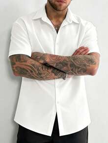 Manfinity Dauomo Men's Solid Color Front Button Casual Versatile Short Sleeve Shirt - White - View 3