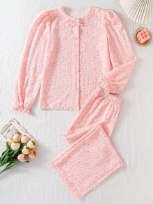 Piyama Anak Perempuan Remaja Nyaman, Modis, Motif Bunga Kecil, Elegan, 2 Potong Set Pakaian Santai - Baby Pink - View 4