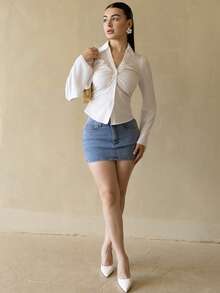 Andrea Bello 蝴蝶結裝飾牛仔迷你裙，適合夏季休閒穿著 - 淺色水洗藍 - 查看 5
