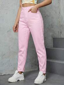 SHEIN ICON 女款純色時尚口袋鈕扣牛仔褲 - 粉色 - 查看 3