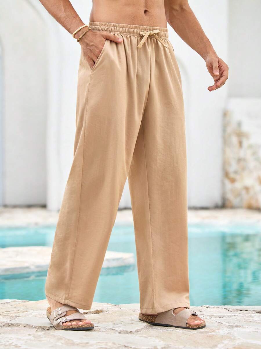 Mercer Haus 1 Stück Herren atmungsaktive, dünne, locker sitzende Casual Sporthose, einfarbig, Alltagshose in Schwarz für Herren, Herren Jogginghose mit Kordelzug, Herren Sommerhose - Khaki - Übersicht 1