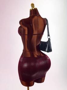 Amplova Vintage Wild Burgundy Schlangenhaut Sexy Jumpsuit & Tieftaille Rock 2 Stücke Set - Bordeaux - Übersicht 3