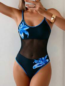 Swim Vcay 女款一件式泳衣，花卉印花與網布拼接，夏季度假海灘穿搭 - 彩色 - 查看 3