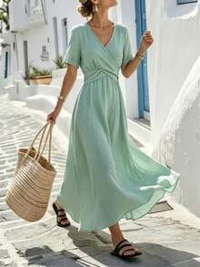 Louniche Women's Casual French Tropical Sage Green Short Sleeve Dress, Featuring Cross Waist Design, Minimalist Style, Elegant, Vacation Summer Brunch - Mint Green - View 5
