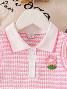 Elladie kids 2件組小女孩學院風甜美夏季條紋無袖POLO領上衣 3D花朵裝飾百褶裙套裝 - 粉色 - 查看 6