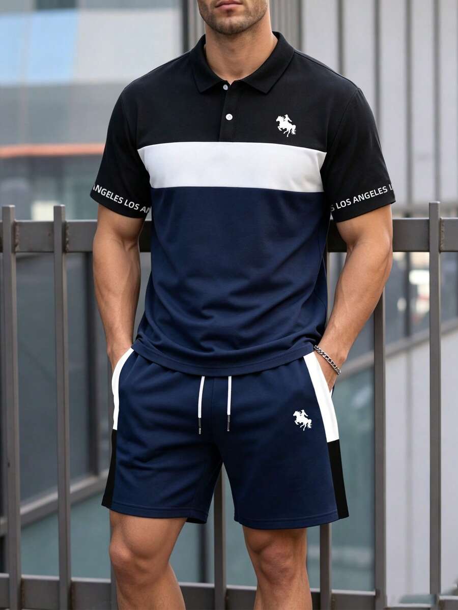 NEOREFINED 男士拼色拼接 Polo 衫與短褲 2 件套,極簡高級休閒套裝,適合日常穿著 - 彩色 - 查看 1