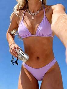 Swim Mod Conjunto de bikini de verano compuesto por top con cuello halter y nudo en la espalda, y Bottom, en unicolor - Morado - Ver 1