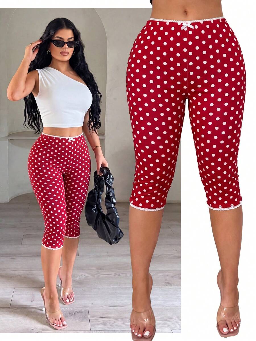 SHEIN SXY Red And White Polka Dot Print High-Elastic Knit High-Waist Slim-Fit 7/8 Length Leggings With Lace Trim Casual Tropical Date Night Vacation Summer
