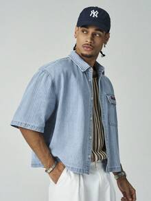 ÉpureWay Men's Casual Street Style Striped Embroidered Blue Denim Short Sleeve Shirt - Light Wash - View 8