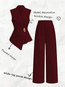 Franclia Women's Elegant 2026 Spring/Summer Asymmetric Sleeveless Ruched Metal Button Long Pants 2 Pieces Set - Burgundy - View 8