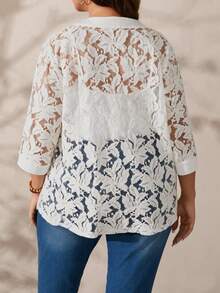 EMERY ROSE Cardigan Wanita Ukuran Besar Lengan Tiga Perempat Warna Polos Bahan Renda, Cocok untuk Liburan Musim Panas dan Pakaian Liburan - Putih - View 2