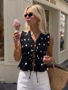 Serisse Women's Polka Dot Print Pleated Tie-Up Ruffle Hem Tank Top - Black - View 3