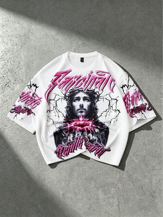 Herren T-Shirt mit lockerer Passform und Kurzarm mit Jesus-Muster