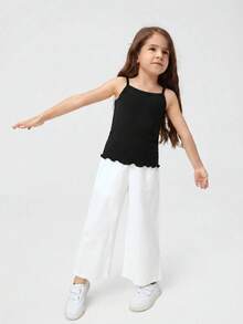 Maija Kids Maija Kids 女童小女孩夏季休閒百搭純色細肩帶背心，黑色，舒適日常穿著，可愛基礎經典款，高品質 - 黑色 - 查看 5