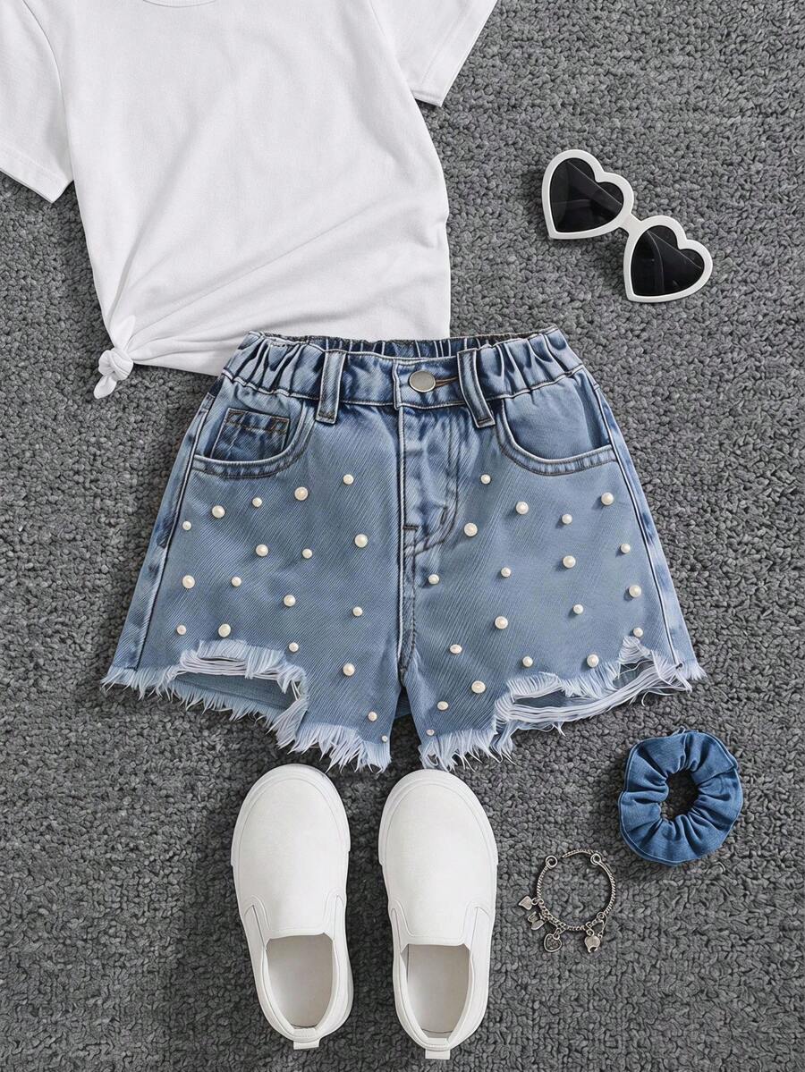 SHEIN Explorewe Young Girl' Distressed Denim Shorts, Adorned With Pearls, High-Waisted A-Line Wide Leg Pants, Soft Washed Blue Jeans Shorts, Comfortable Cotton, Versatile For Daily Wear, School, Commute, Party, Home, Festivals