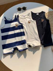 SHEIN Mameluco casual de cuello redondo con bloques de color para bebé niño, para uso diario y salidas - Azul y blanco - Ver 5
