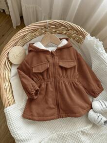Baby Girl Cute Corduroy Hooded Thermal Lined Jacket, Autumn/Winter - Brown - View 3