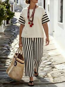 Ceyna Casual Slouchy Patchwork Striped Short Sleeve Set Women Plus Size Round Neck Loose Top High Waist Vertical Striped Wide Leg Pants 2-Piece Set - Multicolor - View 9