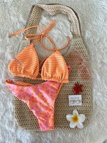Swim Mod 2 件套女士可爱随机花卉印花双面吊带上衣和可爱下装比基尼泳装套装，度假和海滩 - 彩色 - 查看 3