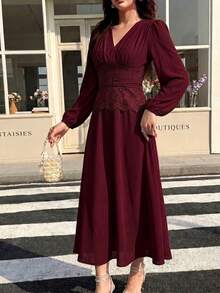 Feyla Women's Pleated Lace Patchwork Elegant Dress - Burgundy - View 6