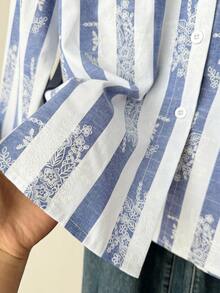 Muvela Elegant Women's Blue White Vertical Striped Button Down Shirt Figure Flattering Floral Print Blouse - Blue and White - View 6