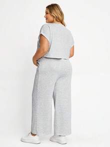Plussiva Plus Size Maternity Textured Minimalist Top And Adjustable Waist Casual Loose Pants 2 Pieces Set - Grey - View 2